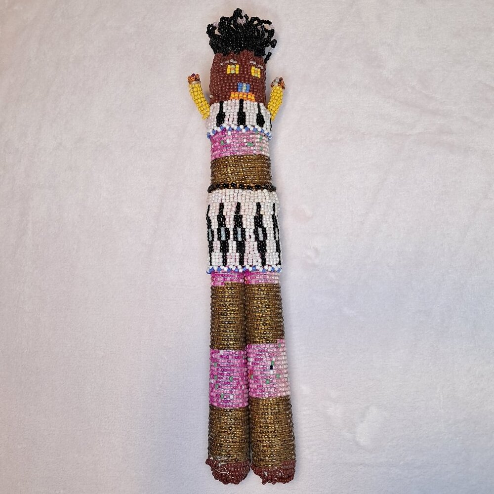 Handmade African Beaded Doll Brown Pink
